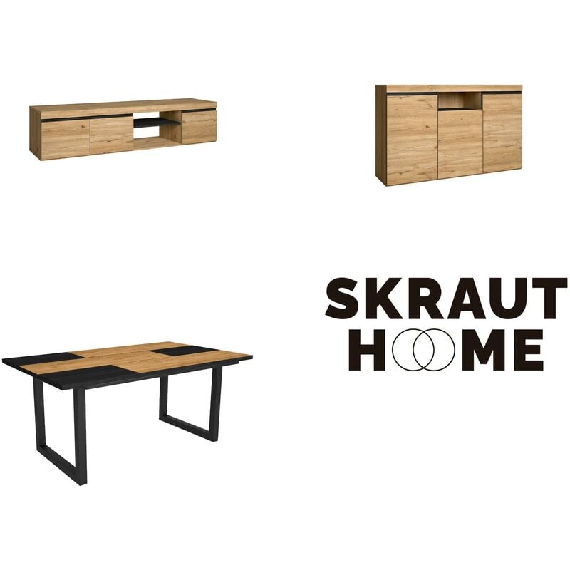 Ensemble de meubles de salon, Table 170 Bicolore pieds u 8 convives, Meuble tv 160, Crédence / Buffet 140, Chêne et Noir, Style industriel - Skraut
