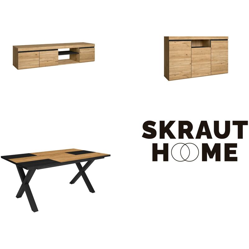 Ensemble de meubles de salon, Table 170 Bicolore pieds x 8 convives, Meuble tv 160, Crédence / Buffet 140, Chêne et Noir, Style industriel - Skraut