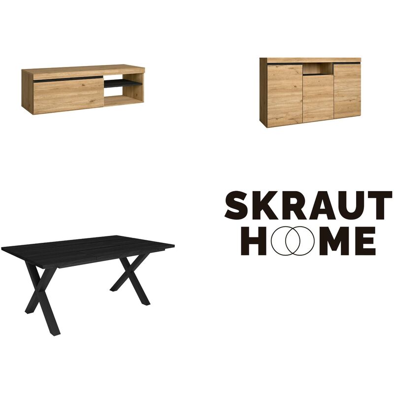 Skraut Home - Ensemble de meubles de salon, Table 170 Noire pieds x 8 convives, Meuble tv 120, Crédence / Buffet 140, Chêne et Noir, Style Industriel