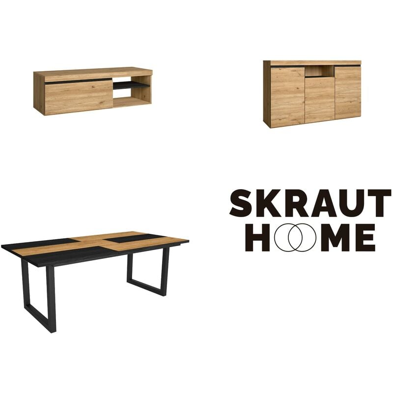 Skraut Home - Ensemble de meubles de salon, Table 200 Bicolore pieds u 10 convives, Meuble tv 120, Crédence / Buffet 140, Chêne et Noir, Style