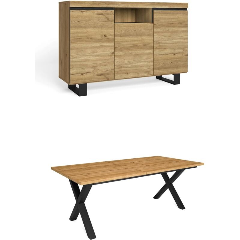 Ensemble de meubles de salon, Table 200 pieds x 10 convives, Crédence / Buffet 140 Tall, Chêne et Noir, Style Industriel - Skraut Home