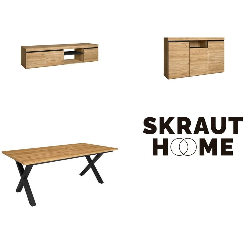 Ensemble de meubles de salon, Table 200 pieds x 10 convives, Meuble tv 160, Crédence / Buffet 140, Chêne et Noir, Style industriel - Skraut Home