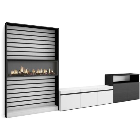 Skraut Home – Ensemble meuble TV complet avec cheminée électrique – Dimensions 360x186x35cm – Pour TV jusqu'à 65' – Style moderne blanc et noir