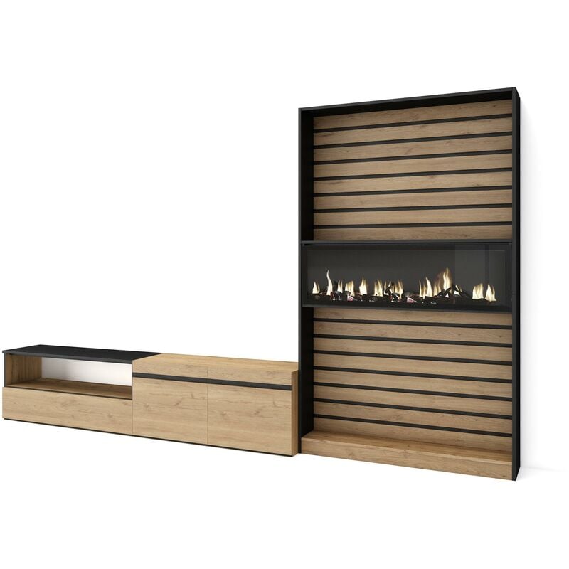 Ensemble Meuble tv, Meuble Salon Complet, 310x186x35cm, Pour les tv jusqu'à 80', Cheminée électrique, Style moderne, Chêne et noir - Skraut Home