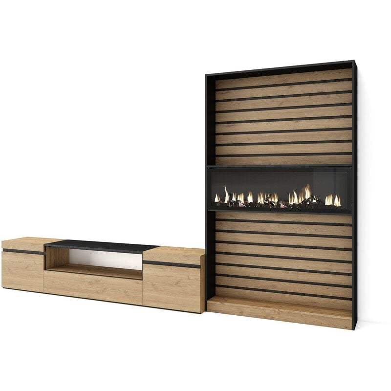 Ensemble Meuble tv, Meuble Salon Complet, 310x186x35cm, Pour les tv jusqu'à 80', Cheminée électrique, Style moderne, Chêne et noir - Skraut Home
