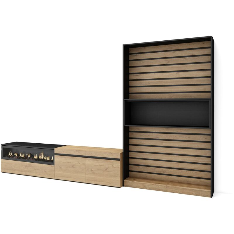 Ensemble Meuble tv, Meuble Salon Complet, 310x186x35cm, Pour les tv jusqu'à 80', Cheminée électrique, Style moderne, Chêne et noir - Skraut Home