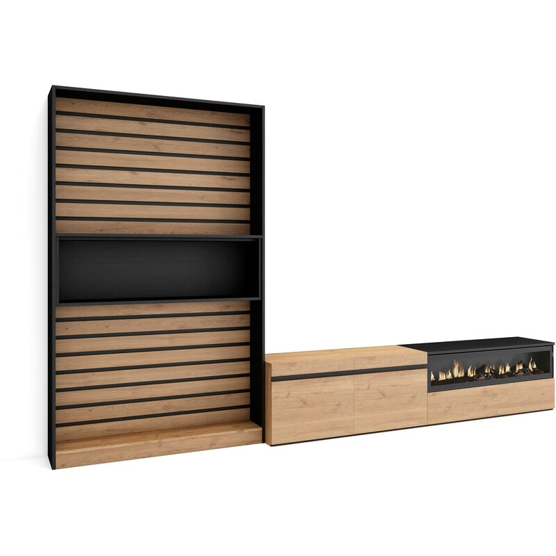 Skraut Home - Ensemble Meuble TV, Meuble Salon Complet, 310x186x35cm, Pour les TV jusqu'à 80", Cheminée électrique, Style moderne, Chêne et noir