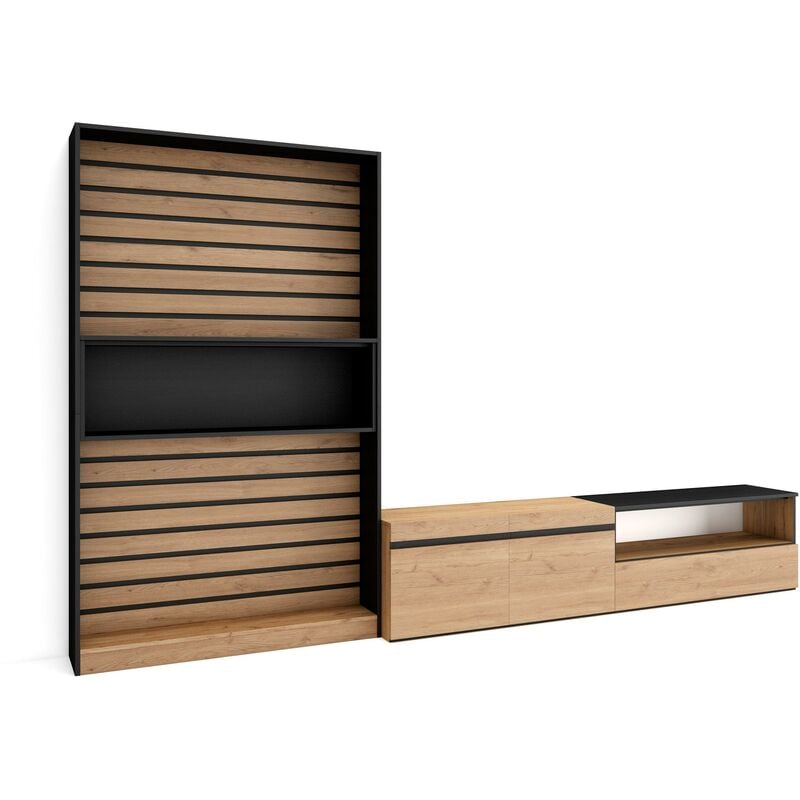 Ensemble Meuble tv, Meuble Salon Complet, 310x186x35cm, Pour les tv jusqu'à 80', Salon Complet, Style moderne, Chêne et noir - Skraut Home