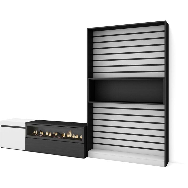Skraut Home - Ensemble Meuble TV, Meuble Salon Complet, 260x186x35cm, Pour les TV jusqu'à 65", Cheminée électrique, Style moderne, Blanc et noir