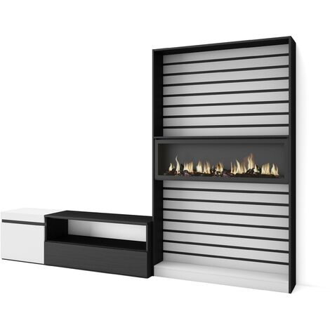 Skraut Home - Ensemble Meuble TV, Meuble Salon Complet, 260x186x35cm, Pour les TV jusqu'à 65", Cheminée électrique, Style moderne, Blanc et noir