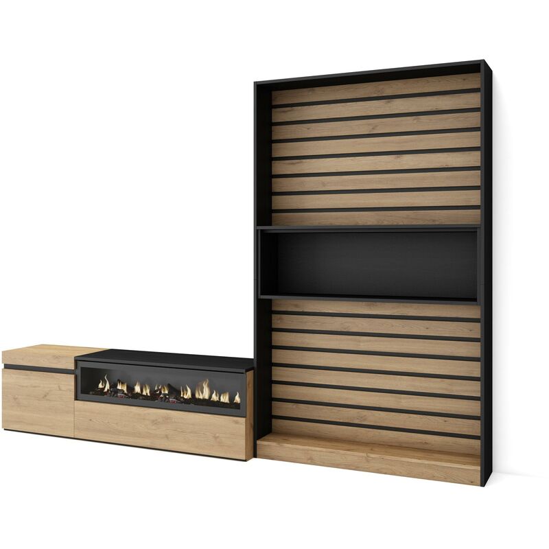 Ensemble Meuble tv, Meuble Salon Complet, 260x186x35cm, Pour les tv jusqu'à 65', Cheminée électrique, Style moderne, Chêne et noir - Skraut Home