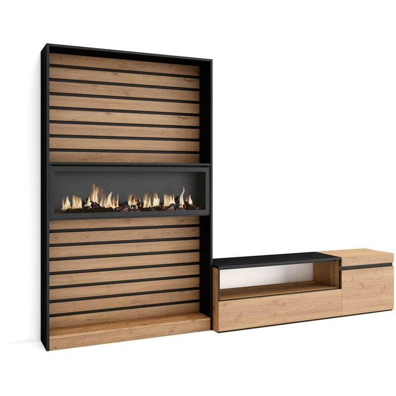 Ensemble Meuble tv, Meuble Salon Complet, 260x186x35cm, Pour les tv jusqu'à 65', Cheminée électrique, Style moderne, Chêne et noir - Skraut Home