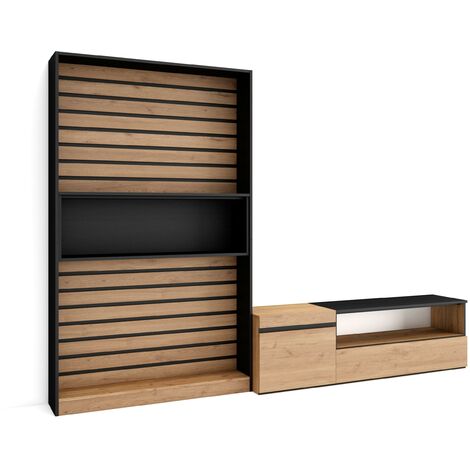 Skraut Home - Ensemble Meuble TV, Meuble Salon Complet, 260x186x35cm, Pour les TV jusqu'à 65", Salon Complet, Style moderne, Chêne et noir
