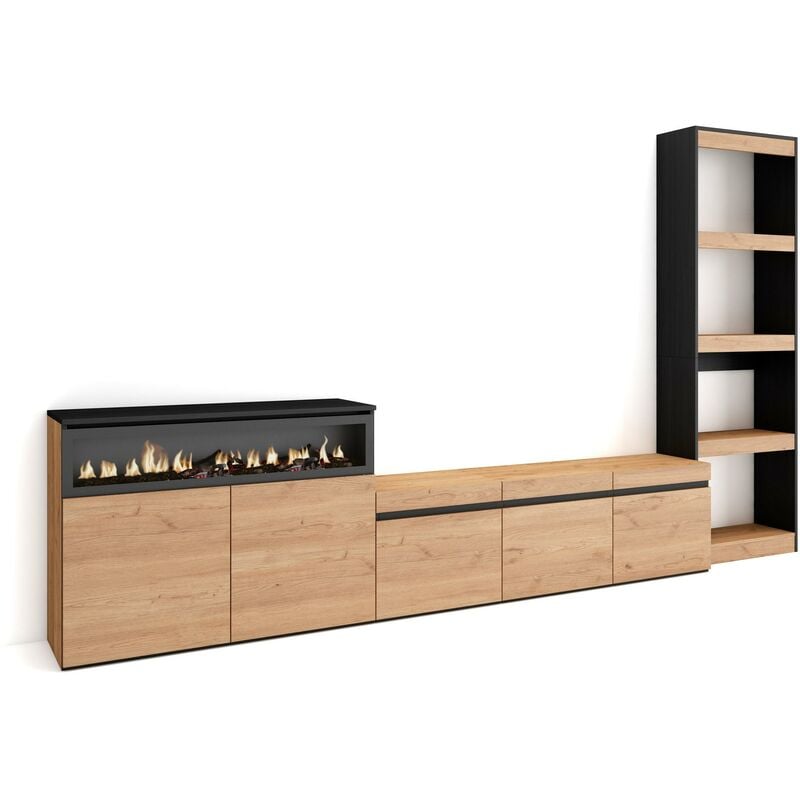 Ensemble Meuble tv, Meuble Salon Complet, 310x186x35cm, Pour les tv jusqu'à 65', Cheminée électrique, Style moderne, Chêne et noir - Skraut Home