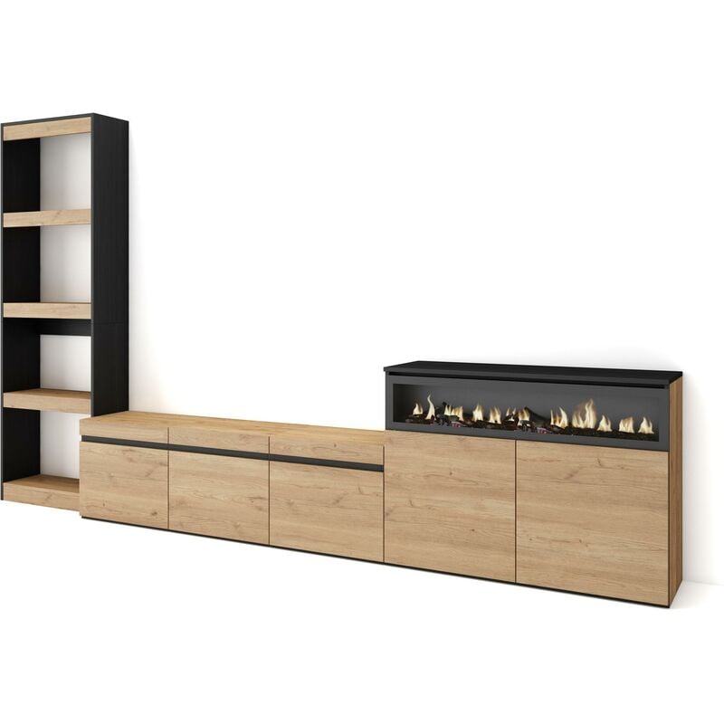 Ensemble Meuble tv, Meuble Salon Complet, 310x186x35cm, Pour les tv jusqu'à 65', Cheminée électrique, Style moderne, Chêne et noir - Skraut Home