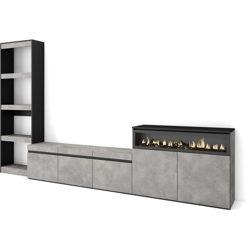 Ensemble Meuble tv, Meuble Salon Complet, 310x186x35cm, Pour les tv jusqu'à 65', Cheminée électrique, Style moderne, Gris Ciment - Skraut Home