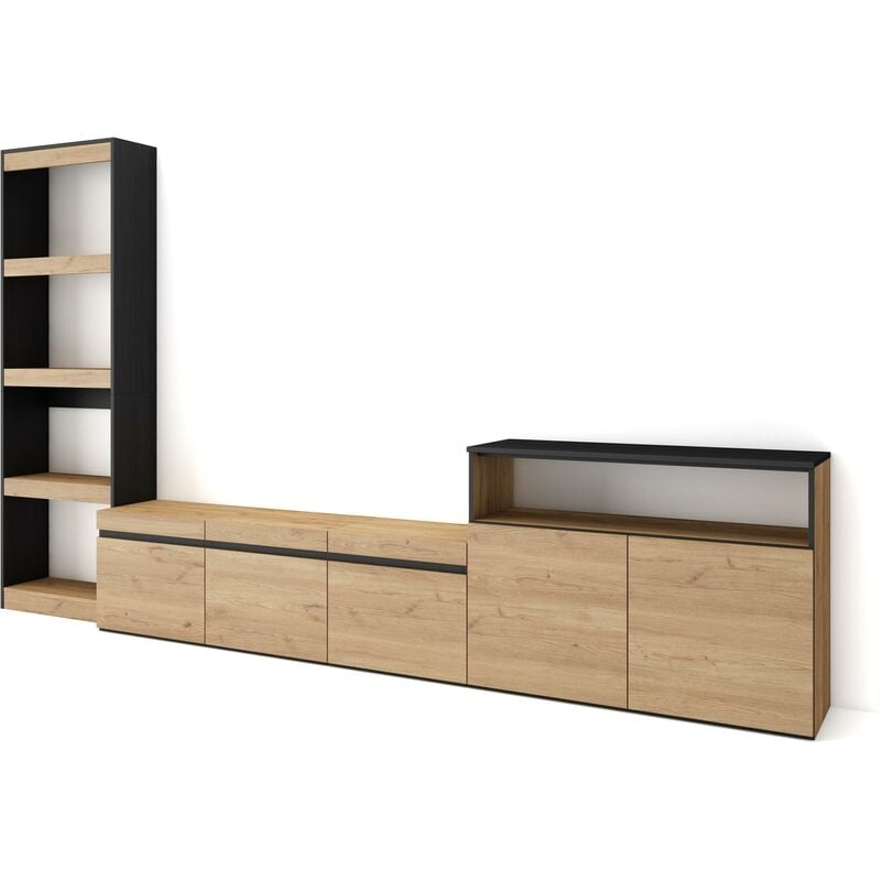 Ensemble Meuble tv, Meuble Salon Complet, 310x186x35cm, Pour les tv jusqu'à 65', Salon Complet, Style moderne, Chêne et noir - Skraut Home