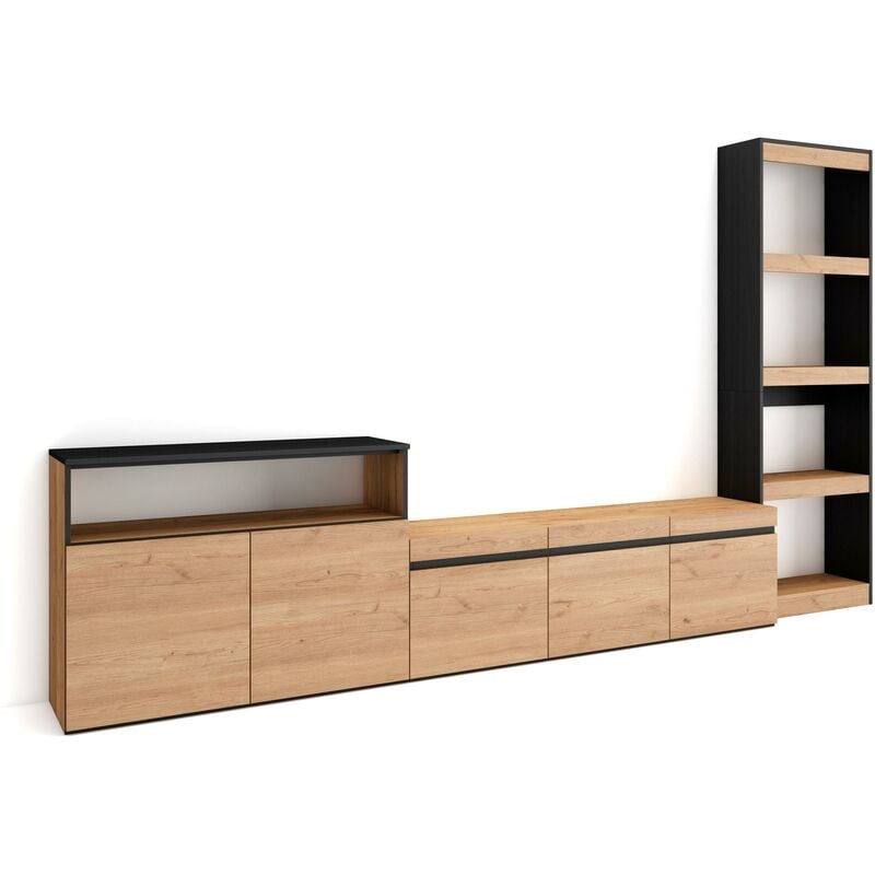Ensemble Meuble tv, Meuble Salon Complet, 310x186x35cm, Pour les tv jusqu'à 65', Salon Complet, Style moderne, Chêne et noir - Skraut Home