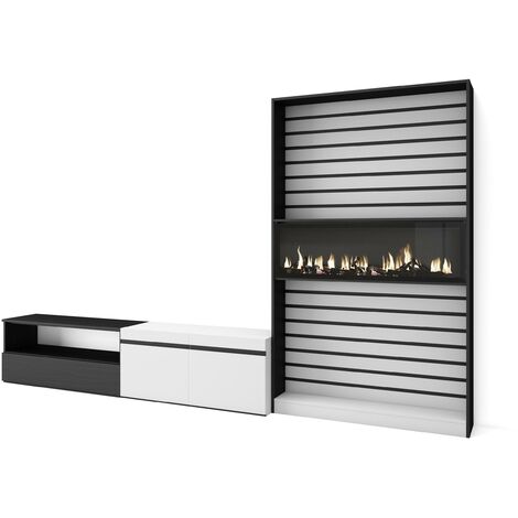 Skraut Home - Ensemble Meuble TV, Meuble Salon Complet, 310x186x35cm, Pour les TV jusqu'à 80", Cheminée électrique, Style moderne, Blanc et noir