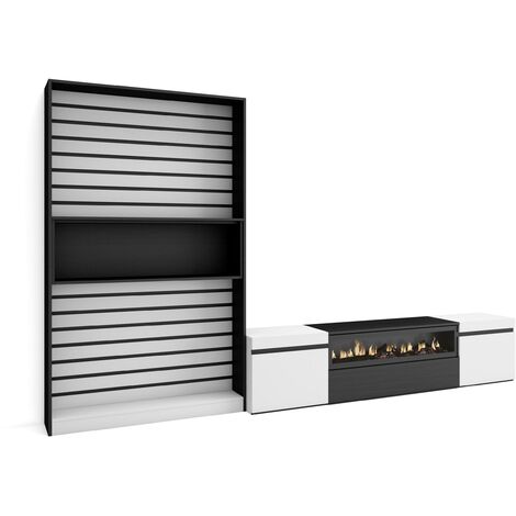 Skraut Home - Ensemble Meuble TV, Meuble Salon Complet, 310x186x35cm, Pour les TV jusqu'à 80", Cheminée électrique, Style moderne, Blanc et noir