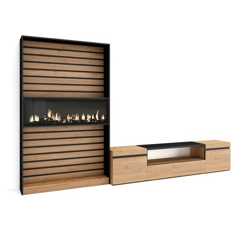 Skraut Home - Ensemble Meuble TV, Meuble Salon Complet, 310x186x35cm, Pour les TV jusqu'à 80", Cheminée électrique, Style moderne, Chêne et noir