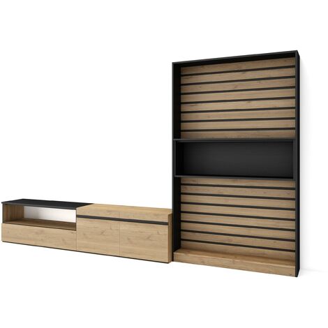 Skraut Home - Ensemble Meuble TV, Meuble Salon Complet, 310x186x35cm, Pour les TV jusqu'à 80", Salon Complet, Style moderne, Chêne et noir