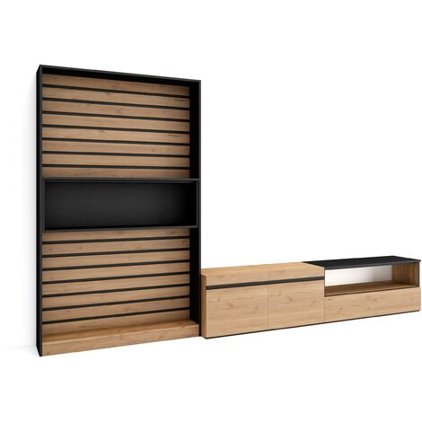 Skraut Home - Ensemble Meuble TV, Meuble Salon Complet, 310x186x35cm, Pour les TV jusqu'à 80", Salon Complet, Style moderne, Chêne et noir