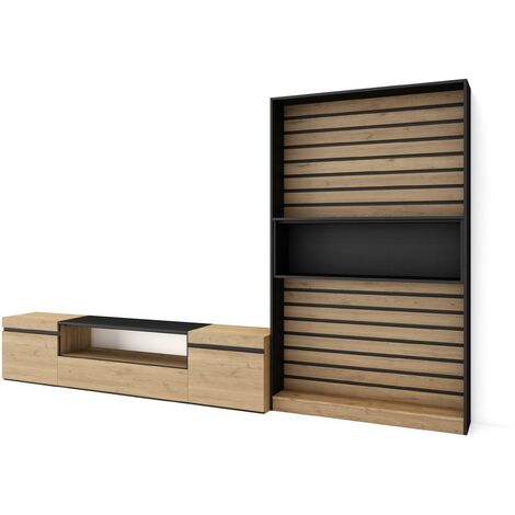 Skraut Home - Ensemble Meuble TV, Meuble Salon Complet, 310x186x35cm, Pour les TV jusqu'à 80", Salon Complet, Style moderne, Chêne et noir