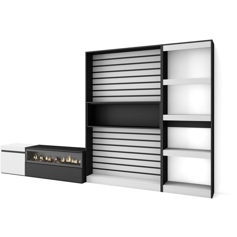 Skraut Home - Ensemble Meuble tv, Meuble Salon Complet, 320x186x35cm, Cheminée électrique, Style moderne, Blanc et noir