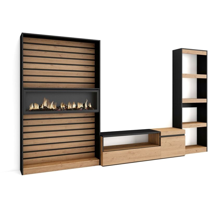 Ensemble Meuble tv, Meuble Salon Complet, 320x186x35cm, Cheminée électrique, Style moderne, Chêne et noir - Skraut Home
