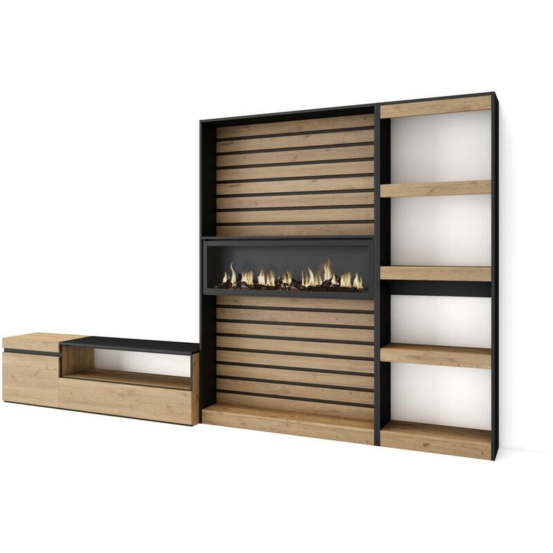 Ensemble Meuble tv, Meuble Salon Complet, 320x186x35cm, Cheminée électrique, Style moderne, Chêne et noir - Skraut Home