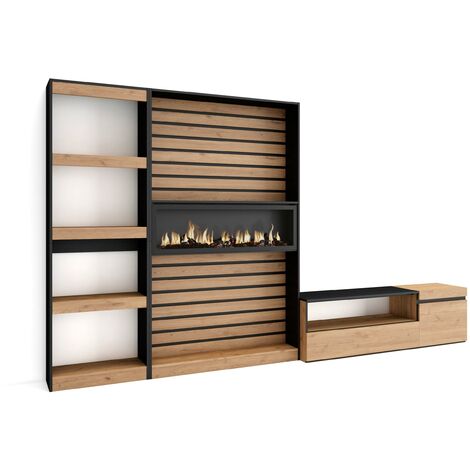 Skraut Home - Ensemble Meuble TV, Meuble Salon Complet, 320x186x35cm, Cheminée électrique, Style moderne, Chêne et noir