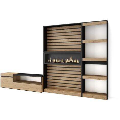 Skraut Home - Ensemble Meuble TV, Meuble Salon Complet, 320x186x35cm, Cheminée électrique, Style moderne, Chêne et noir