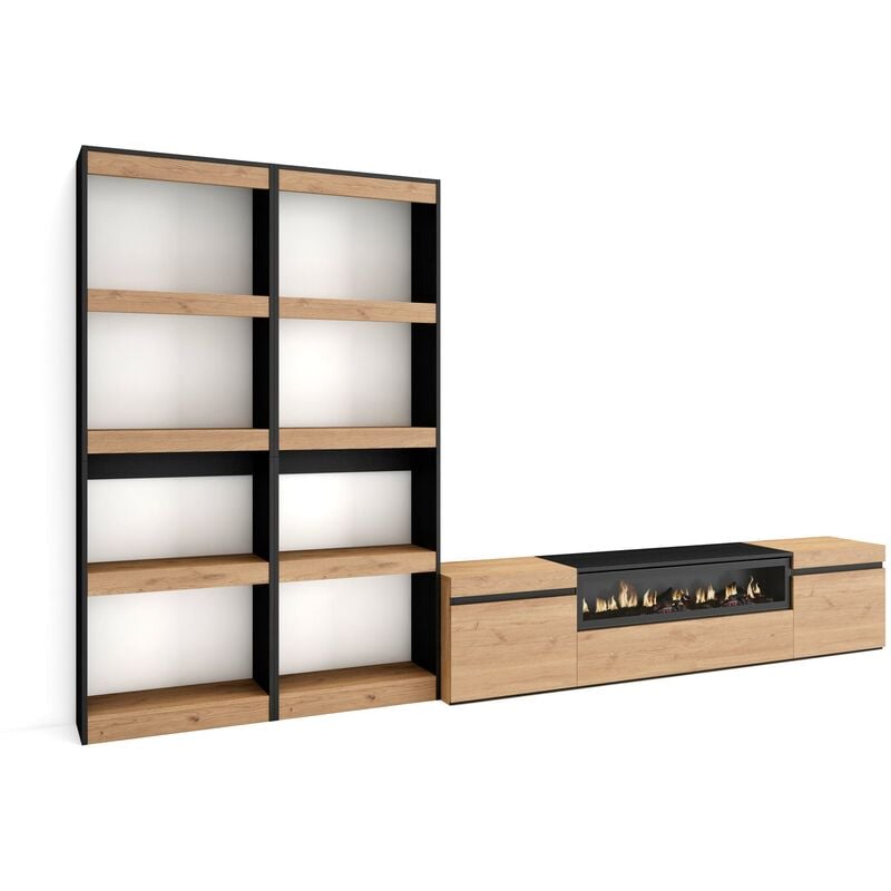Ensemble Meuble tv, Meuble Salon Complet, 320x186x35cm, Pour les tv jusqu'à 80', Cheminée électrique, Style moderne, Chêne et noir - Skraut Home