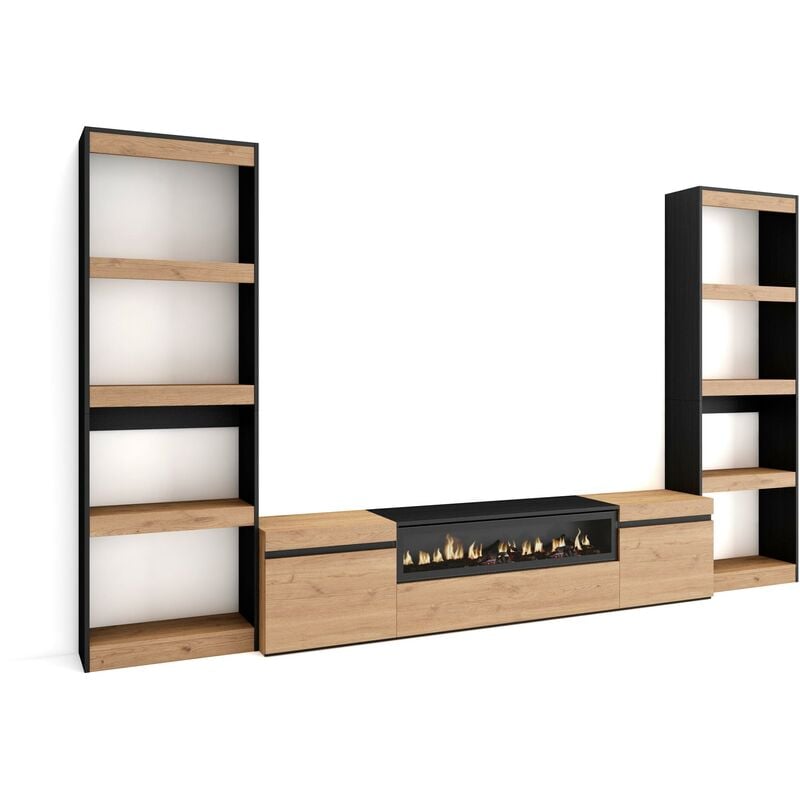 Ensemble Meuble tv, Meuble Salon Complet, 320x186x35cm, Pour les tv jusqu'à 80', Cheminée électrique, Style moderne, Chêne et noir - Skraut Home