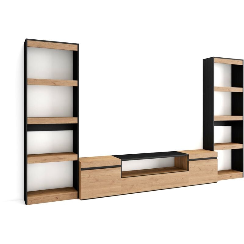 Skraut Home - Ensemble Meuble tv, Meuble Salon Complet, 320x186x35cm, Pour les tv jusqu'à 80', Salon Complet, Style moderne, Chêne et noir
