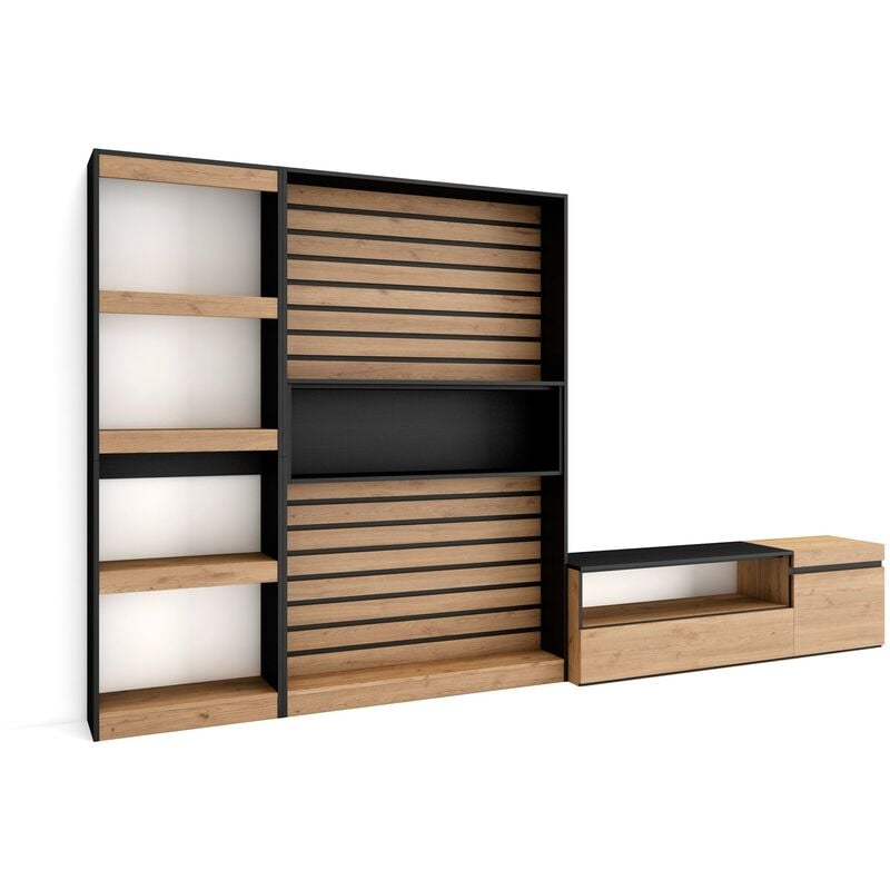 Skraut Home - Ensemble Meuble tv, Meuble Salon Complet, 320x186x35cm, Salon Complet, Style moderne, Chêne et noir