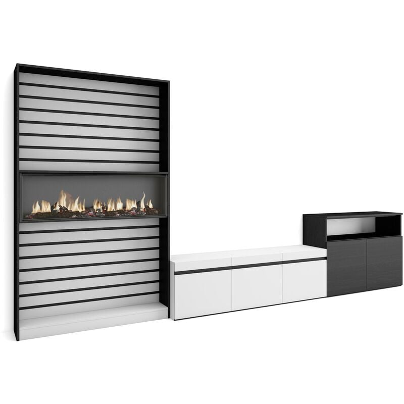 Ensemble Meuble tv, Meuble Salon Complet, 360x186x35cm, Pour les tv jusqu'à 65', Cheminée électrique, Style moderne, Blanc et noir - Skraut Home