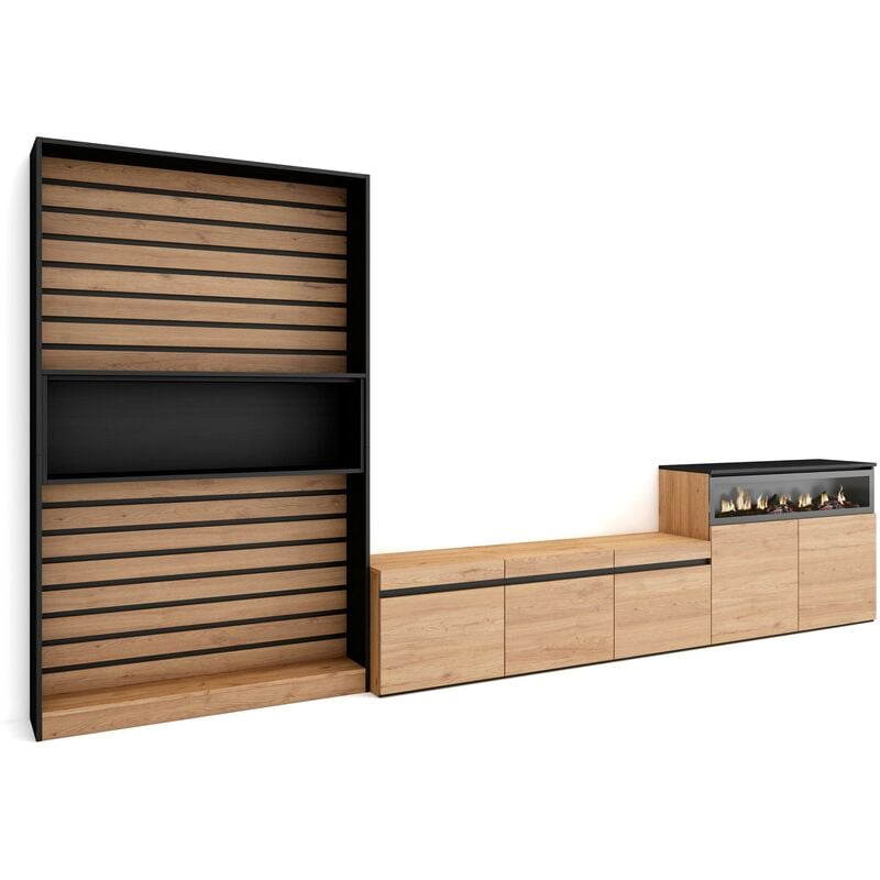 Ensemble Meuble tv, Meuble Salon Complet, 360x186x35cm, Pour les tv jusqu'à 65', Cheminée électrique, Style moderne, Chêne et noir - Skraut Home