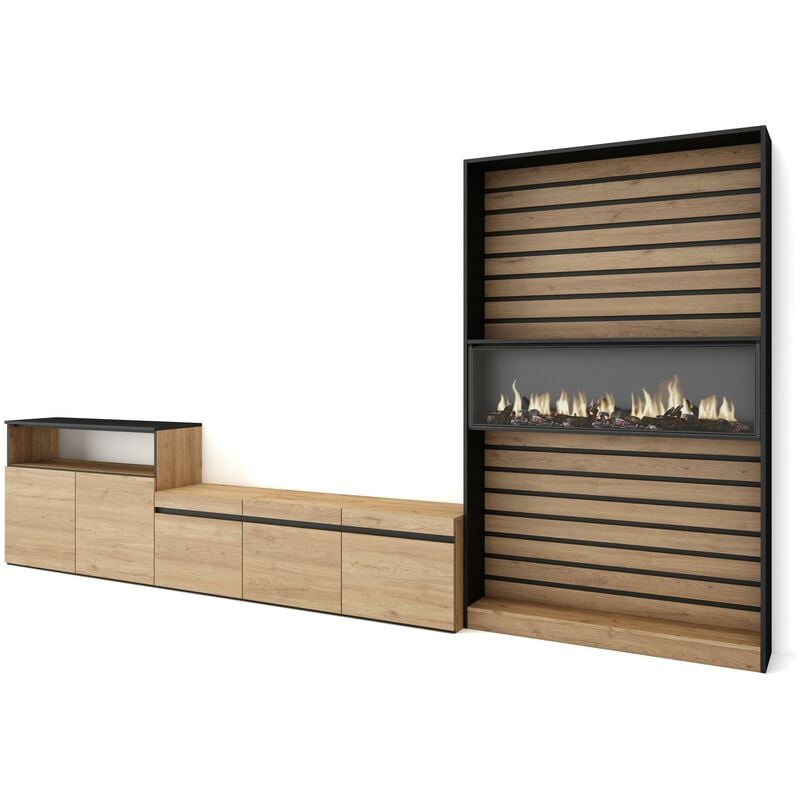 Ensemble Meuble tv, Meuble Salon Complet, 360x186x35cm, Pour les tv jusqu'à 65', Cheminée électrique, Style moderne, Chêne et noir - Skraut Home