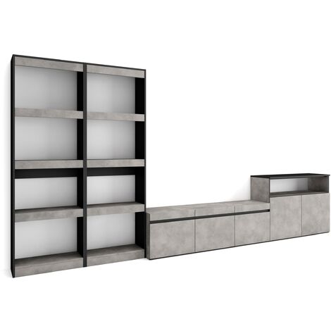 Skraut Home - Ensemble Meuble TV, Meuble Salon Complet, 370x186x35cm, Pour les TV jusqu'à 65", Salon Complet, Style moderne, Gris Ciment