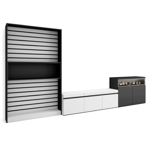 Skraut Home – Ensemble meuble TV moderne avec cheminée électrique – Dimensions 360x186x35cm – Pour TV jusqu'à 65' – Finition blanc et noir