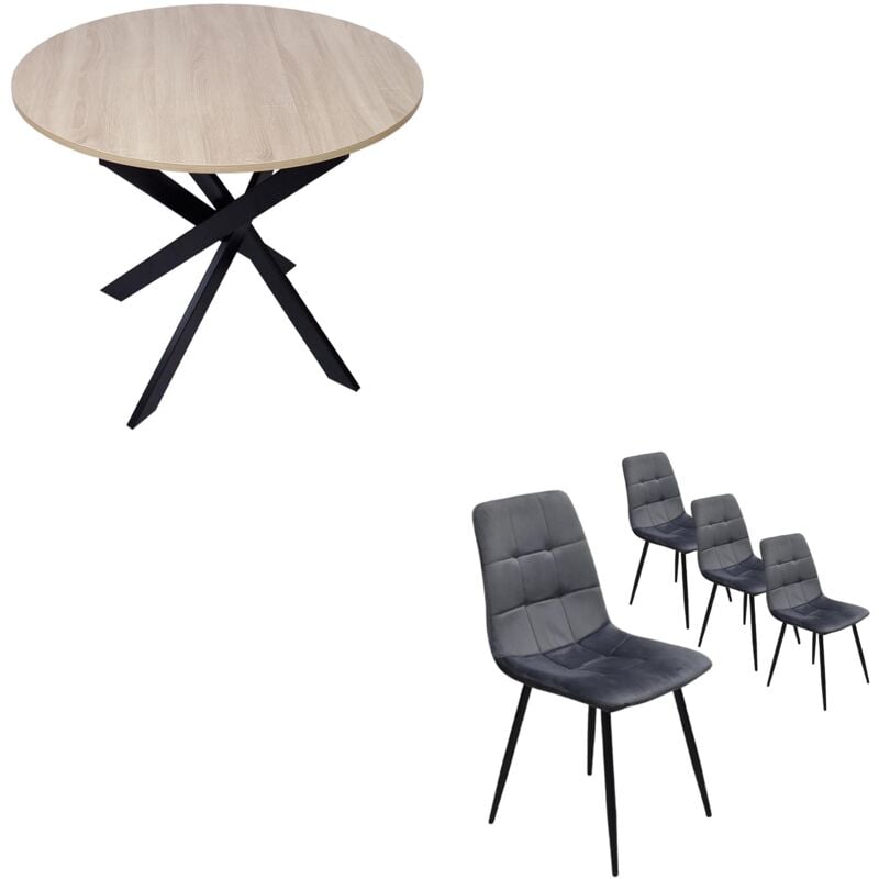 Ensemble Meubles, Lot de 4 chaises de salle à manger, Chaise tapissée, Chaises, Table à manger ronde fixe, Chêne, Pieds noir - Skraut Home