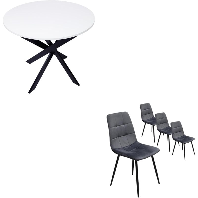 Ensemble Meubles, Lot de 4 chaises de salle à manger, Chaise tapissée, Chaises, Table à manger ronde, Blanc mat, Pieds noir - Skraut Home