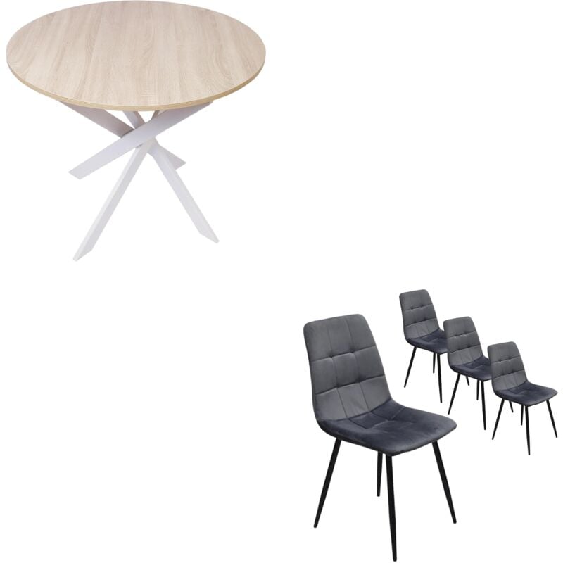Ensemble Meubles, Lot de 4 chaises de salle à manger, Chaise tapissée, Table à manger ronde fixe, Chêne, pieds blancs - Skraut Home