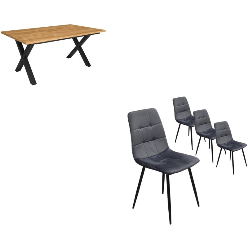 Ensemble Meubles, Table à manger, 170, Chêne, Style industriel, Table à manger, Lot de 4 chaises de salle à manger, Chaise tapissée - Skraut Home