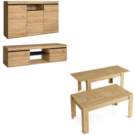 Skraut Home - Ensemble Naturale - Salon, Salle à manger - Buffet + Meuble TV 140cm + Table extensible - chêne/noir - CHENE