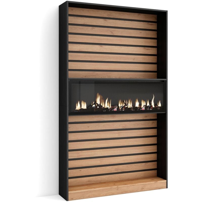 Skraut Home - tagère Bibliothèque, Étagère de Rangement, 110x186x25cm, Salon Salle à manger Bureau, Cheminée électrique, Style moderne, Chêne et noir