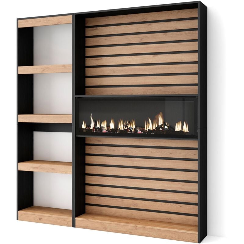 Skraut Home - tagère Bibliothèque, Étagère de Rangement, 170x186x25cm, Salon Salle à manger Bureau, Cheminée électrique, Style moderne, Chêne et noir