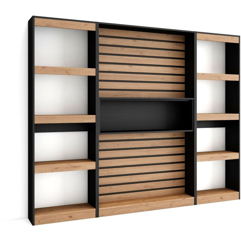 Tagère Bibliothèque, Étagère de Rangement, 230x186x25cm, Salon Salle à manger Bureau, Salon, Bureau, Style moderne, Chêne et noir - Skraut Home